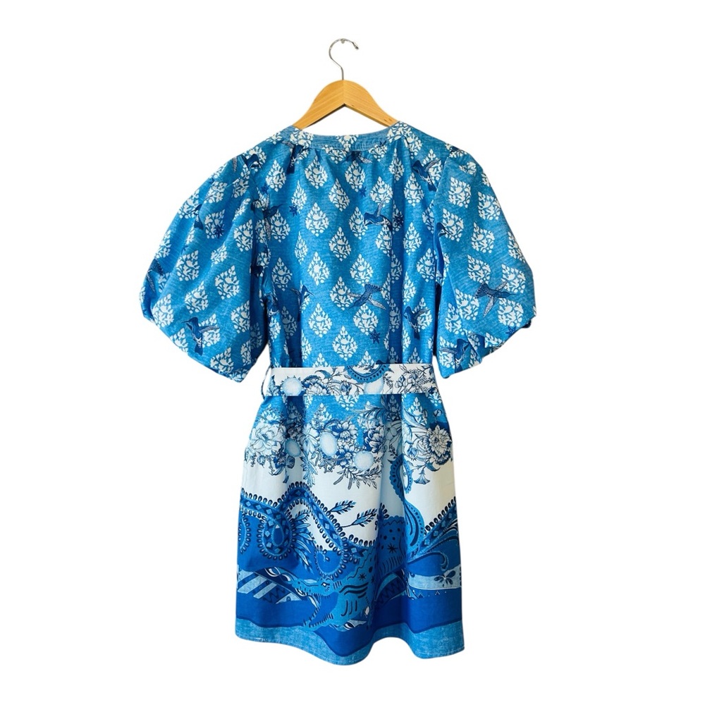 A LOVES A Cobalt Blue Puff Sleeve Tie Waist Cotton Dress Cottagecore Small NWT - Picture 6 of 11